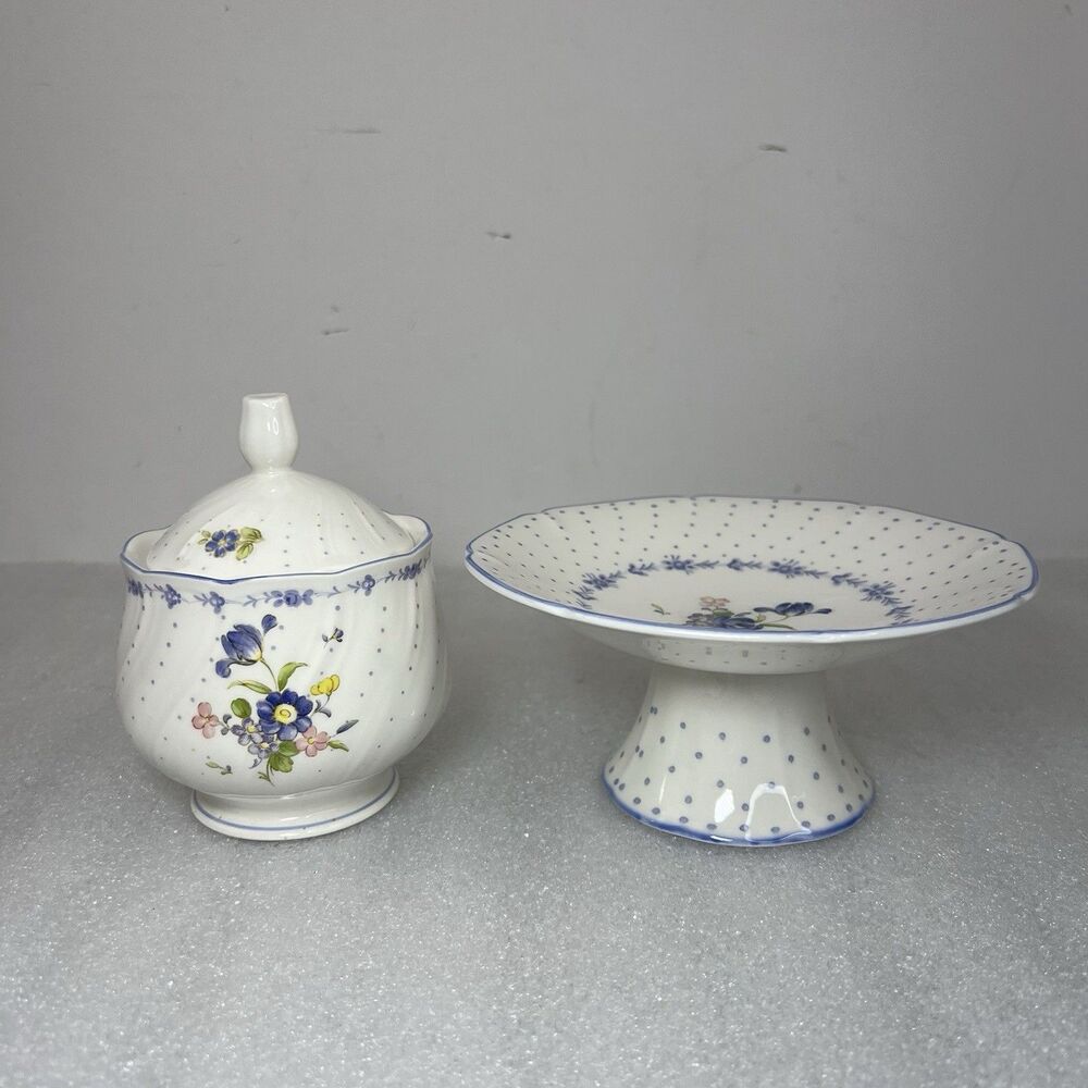 Vtg Nikko Blue Peony Sugar Bowl & Candy Compote Floral Dot Cottagecore Japan
